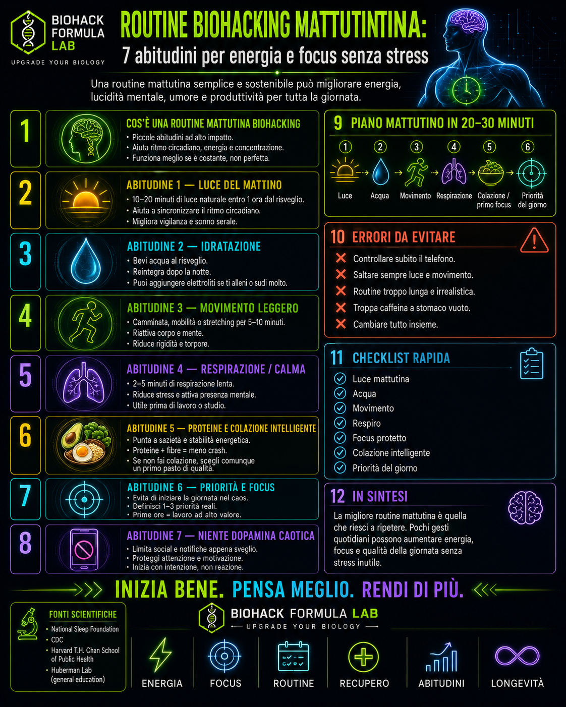 Infografica Biohack Formula Lab sulla routine biohacking mattutina, con 7 abitudini pratiche per aumentare energia, focus e produttività senza stress fin dal risveglio.