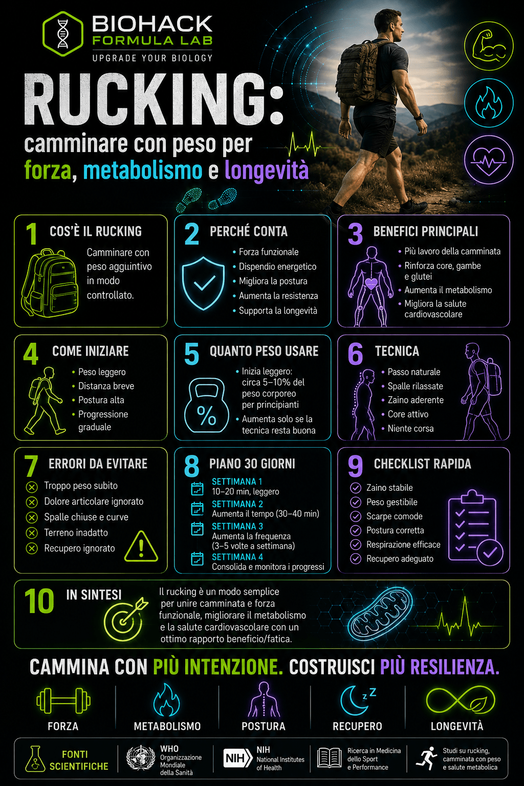 Infografica Biohack Formula Lab sul rucking, con guida pratica per camminare con peso e migliorare forza, metabolismo, postura, recupero e longevità.