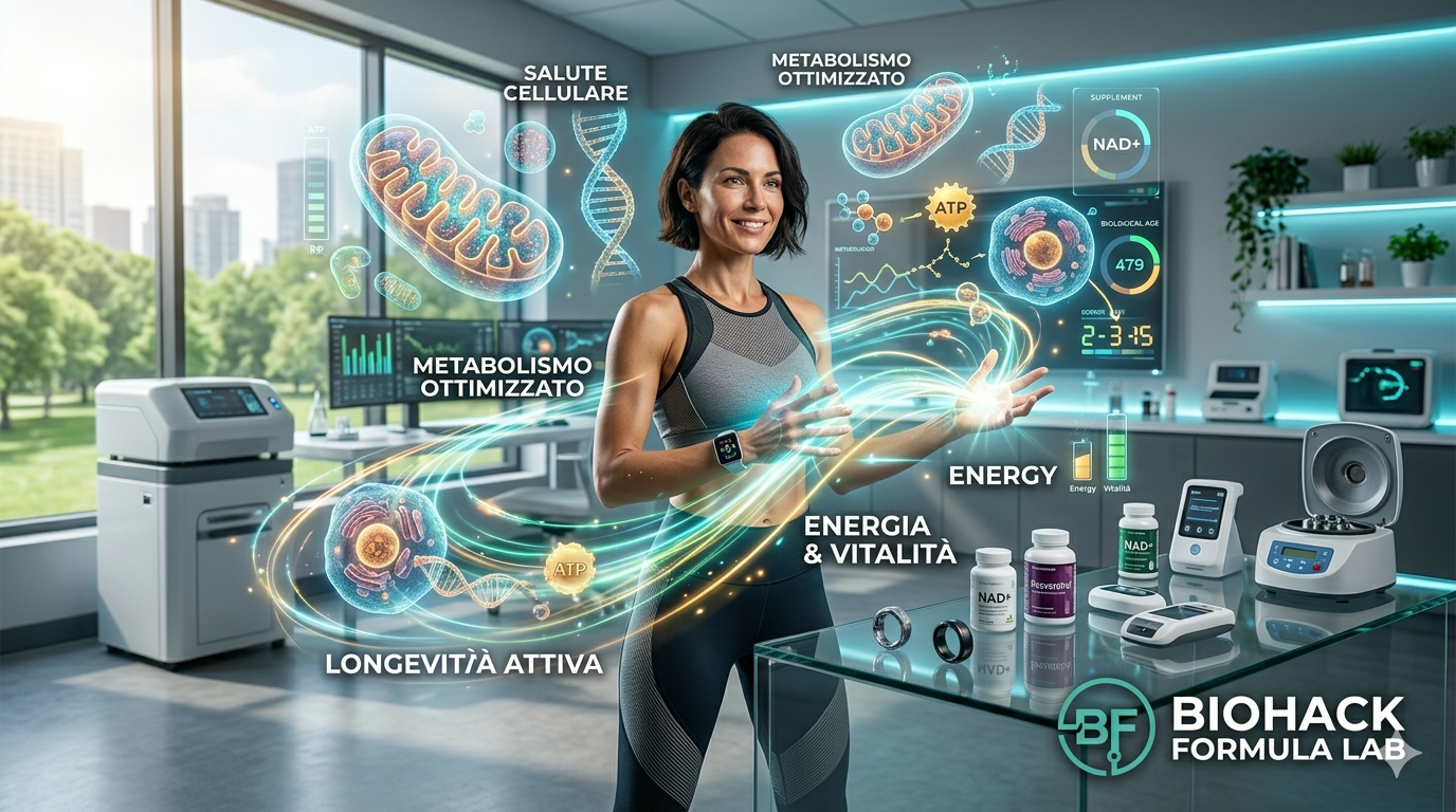 Donna in un laboratorio moderno circondata da ologrammi di mitocondri, DNA e molecole di ATP, con integratori NAD+ e logo Biohack Formula Lab.