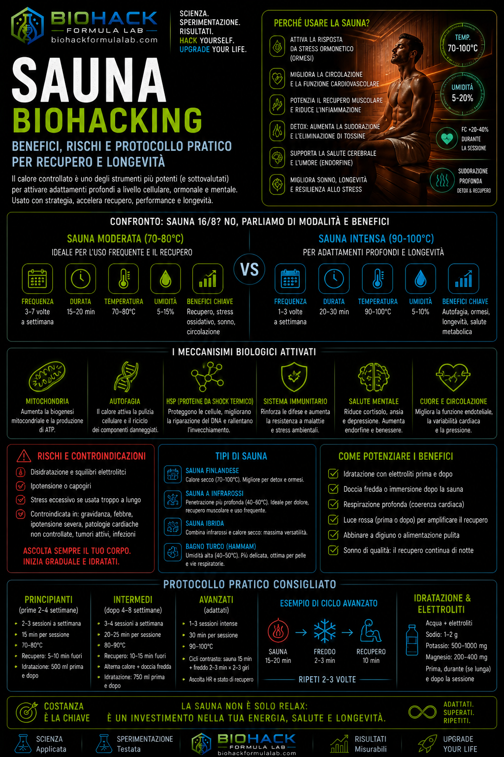 Infografica sauna biohacking con persona in sauna, parametri e logo Biohack Formula Lab
