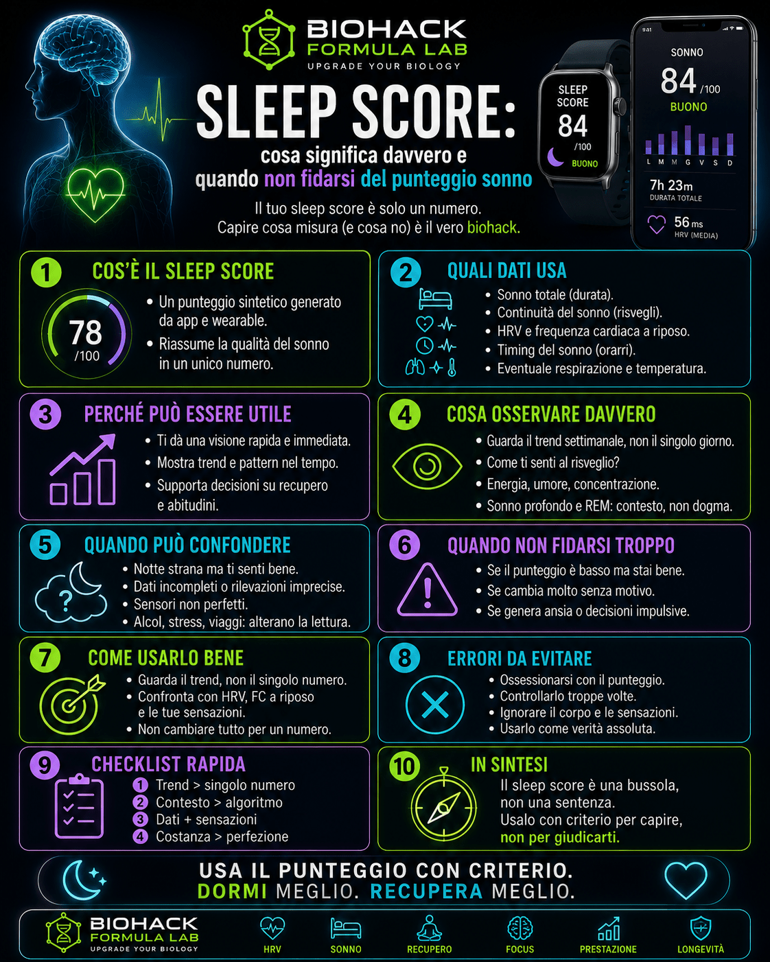 Infografica Biohack Formula Lab sullo sleep score, con guida pratica per capire cosa significa davvero il punteggio sonno e quando non fidarsi troppo dei dati del tracker.