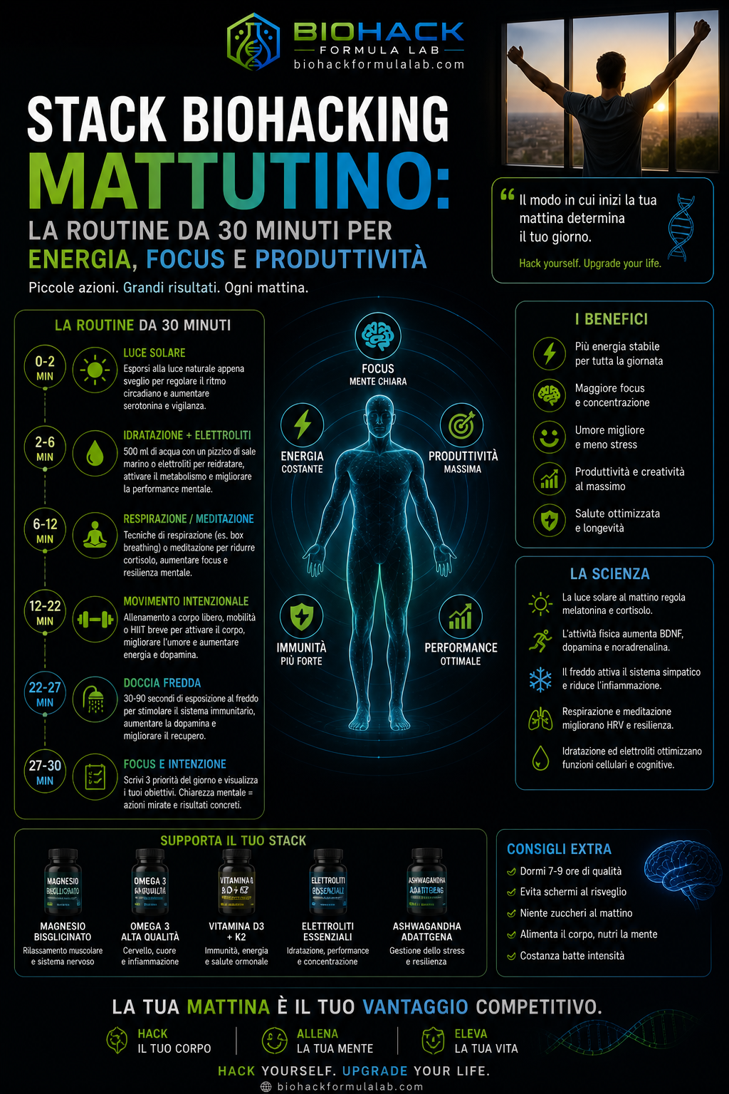 Infografica sullo stack biohacking mattutino con routine da 30 minuti, corpo umano futuristico e logo Biohack Formula Lab