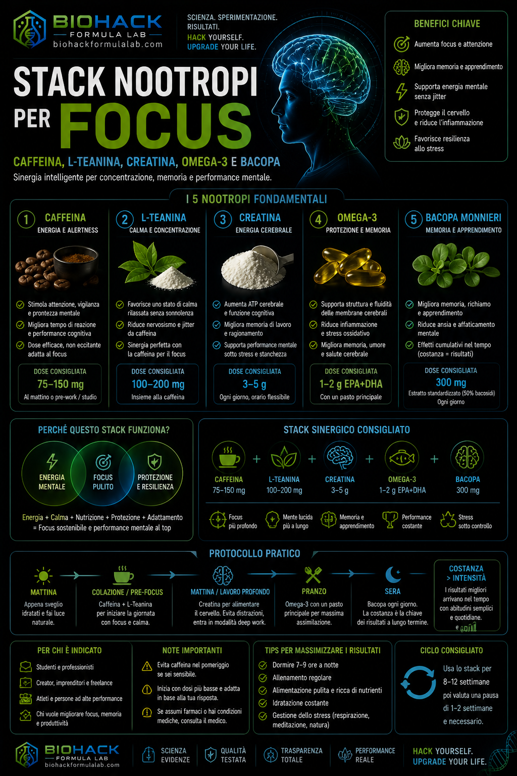 Infografica stack nootropi per focus con cervello, integratori e logo Biohack Formula Lab