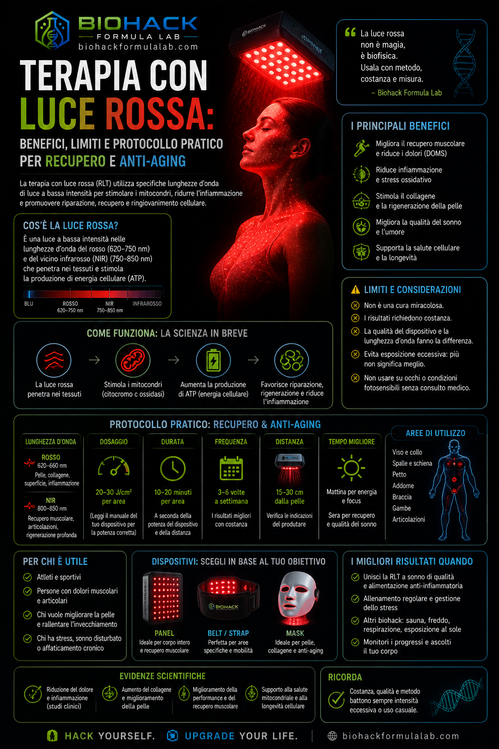 Infografica sulla terapia con luce rossa con dispositivo LED, corpo illuminato e logo Biohack Formula Lab