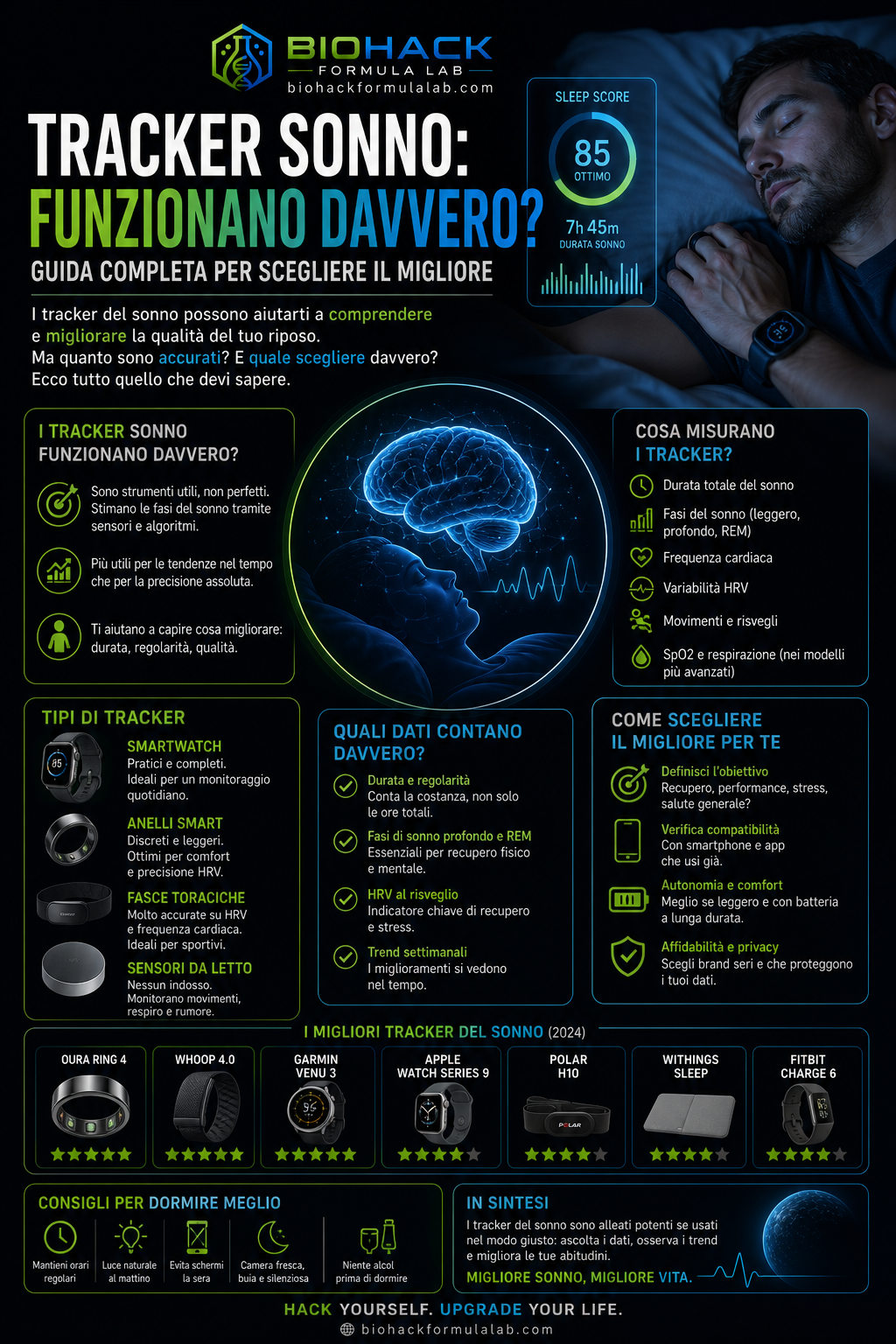 Infografica sui tracker del sonno con smartwatch, dati di sonno e logo Biohack Formula Lab