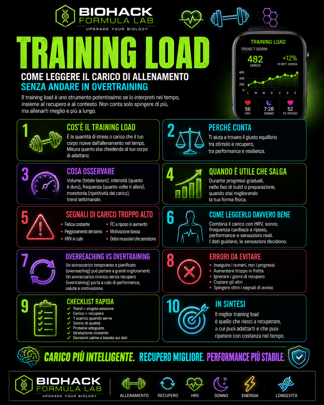 Infografica Biohack Formula Lab sul training load, con guida pratica per leggere il carico di allenamento, recuperare meglio ed evitare overtraining.