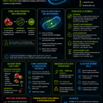 Infografica urolitina A con mitocondrio luminoso, longevità e logo Biohack Formula Lab