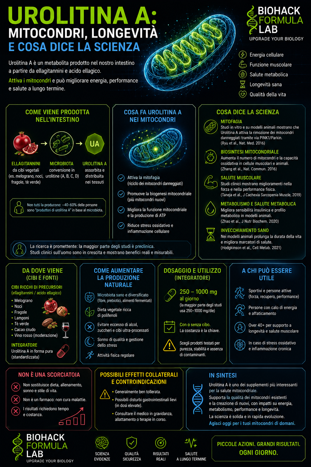 Infografica urolitina A con mitocondrio luminoso, longevità e logo Biohack Formula Lab