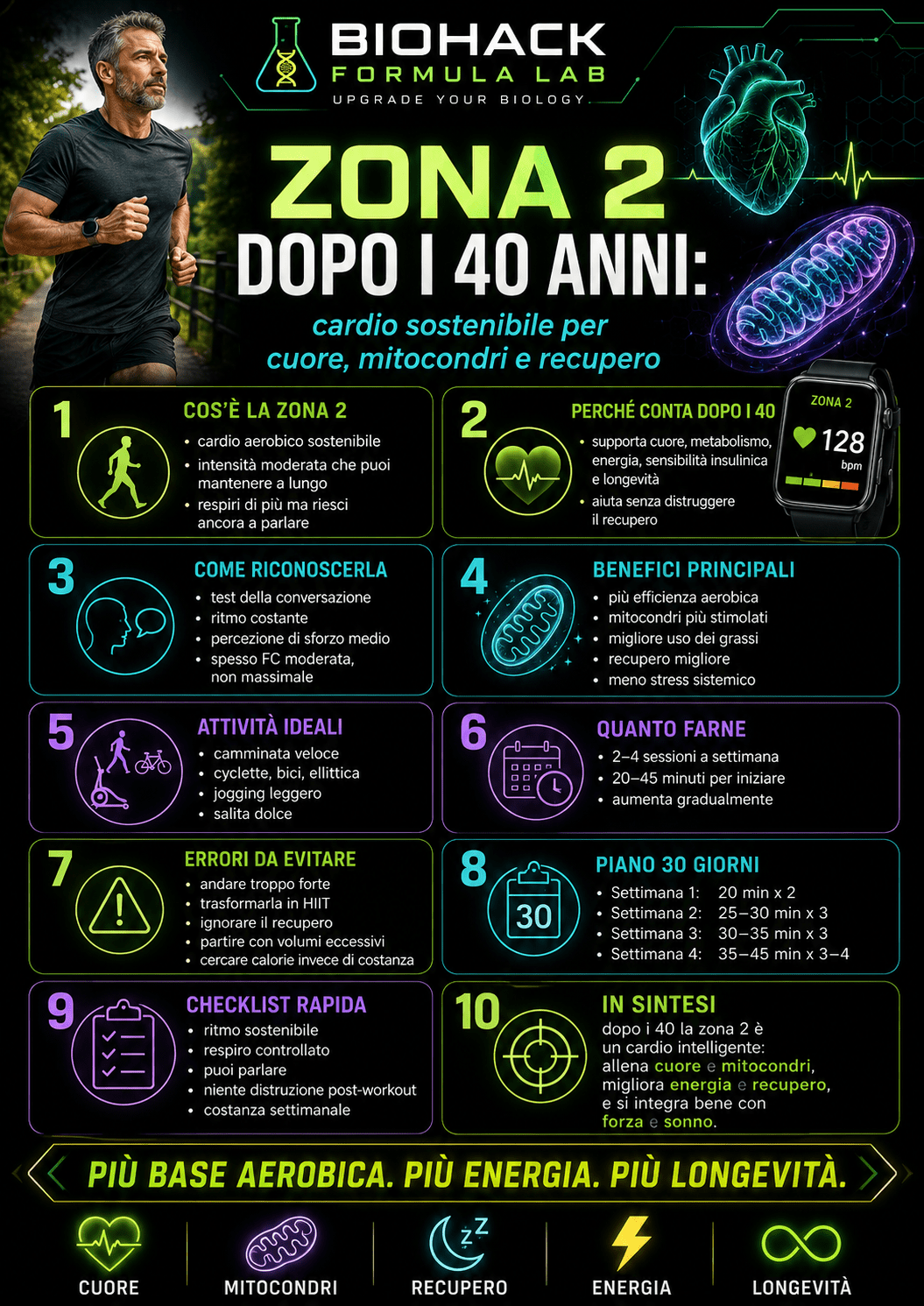 Infografica Biohack Formula Lab sulla Zona 2 dopo i 40 anni, con guida al cardio sostenibile per cuore, mitocondri, energia, recupero e longevità.