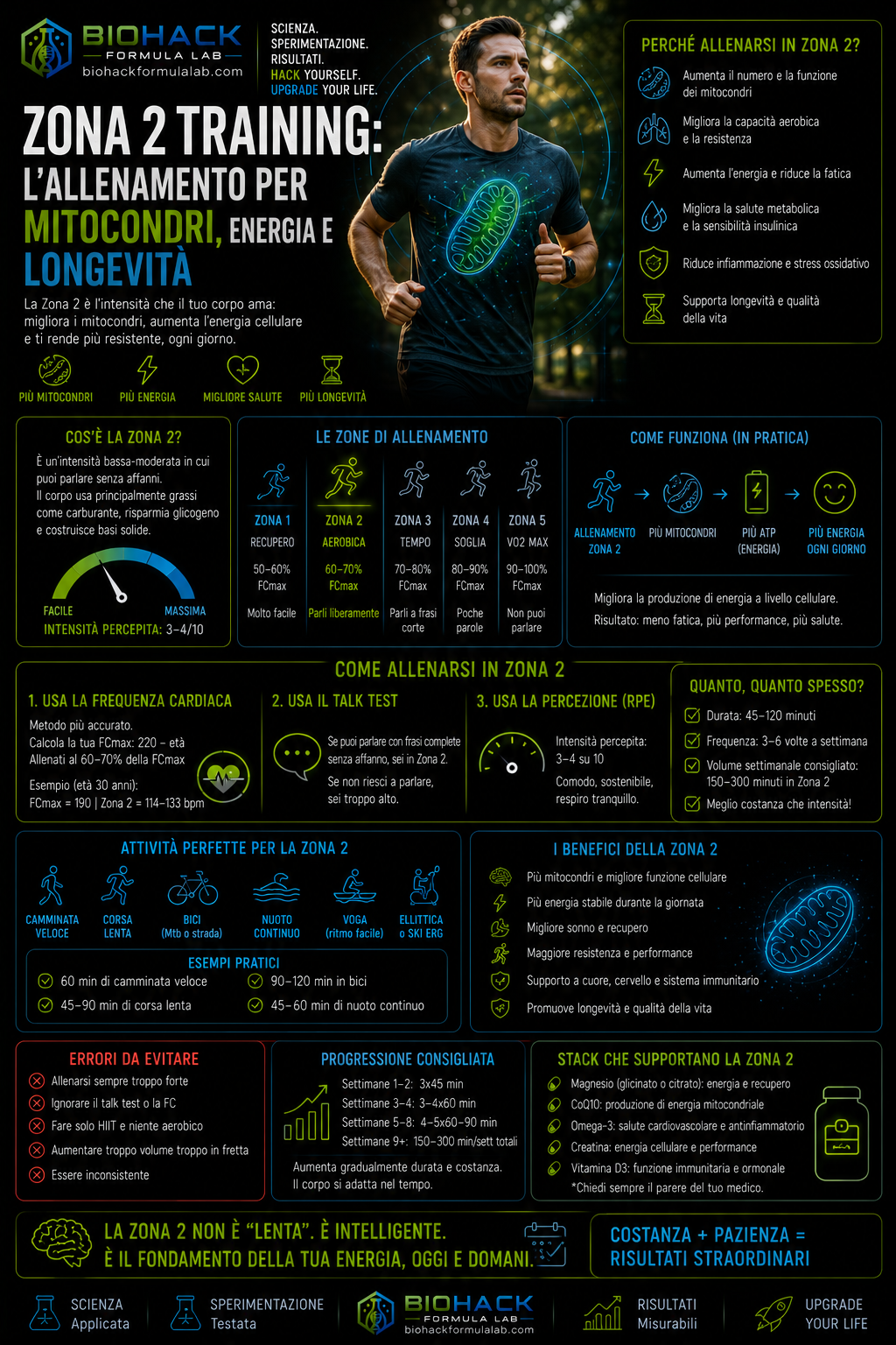 Infografica zona 2 training con atleta, mitocondri e logo Biohack Formula Lab