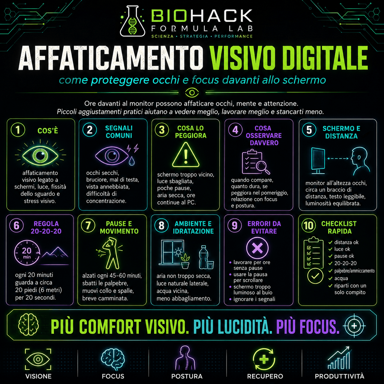 Infografica Biohack Formula Lab sull’affaticamento visivo digitale, con strategie pratiche per proteggere occhi e focus davanti allo schermo.
