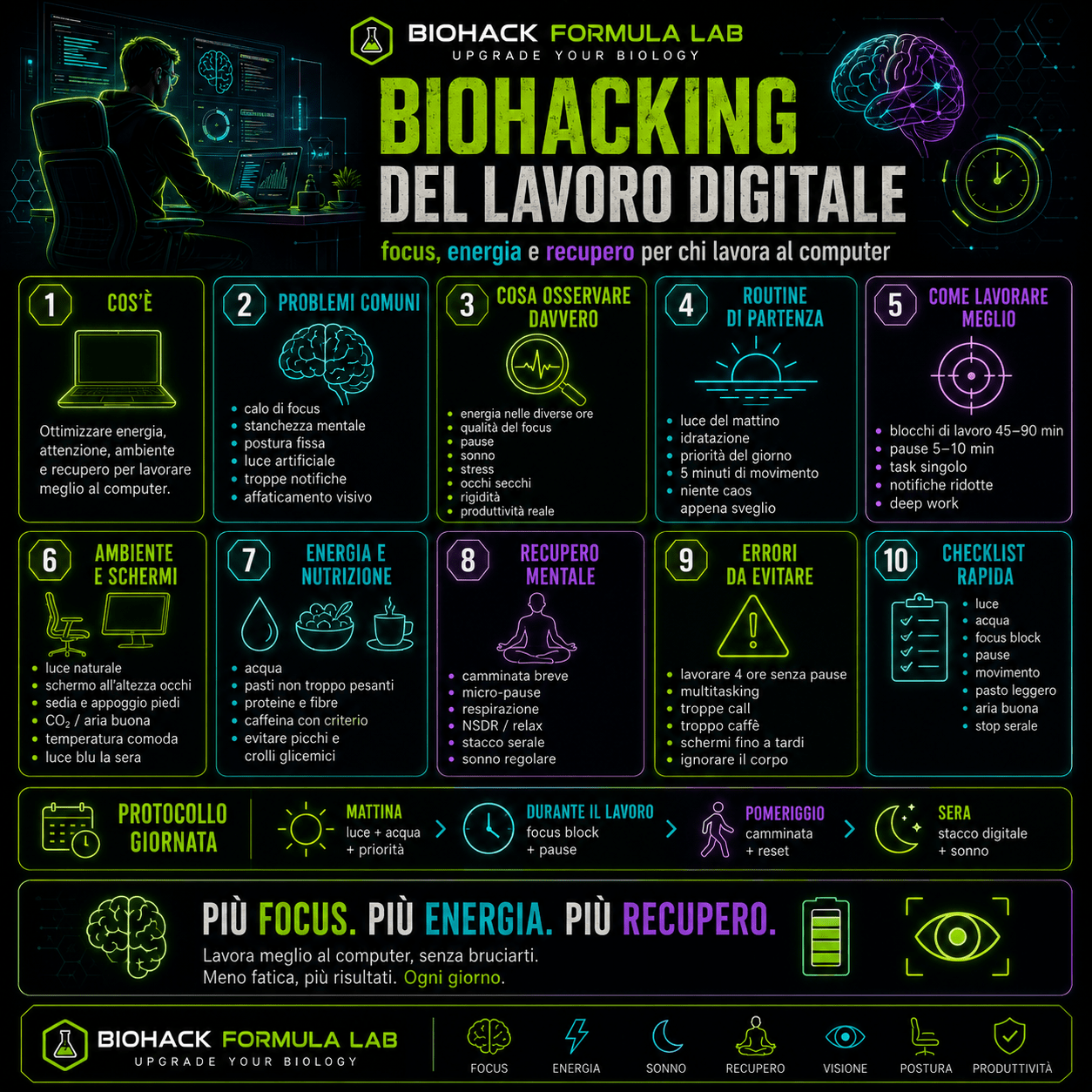 Infografica Biohack Formula Lab sul biohacking del lavoro digitale, con strategie pratiche per migliorare focus, energia e recupero per chi lavora molte ore al computer.