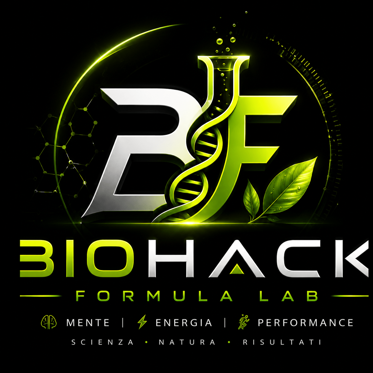 Logo quadrato Biohack Formula Lab con monogramma BFL, DNA verde neon, foglie naturali e stile futuristico su sfondo nero