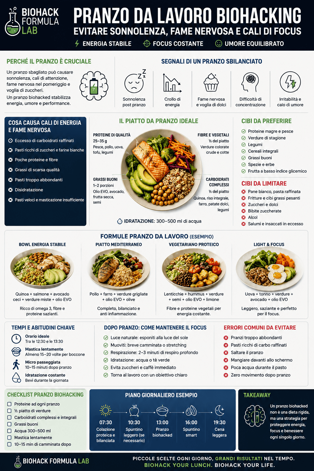 Infografica Biohack Formula Lab sul pranzo da lavoro biohacking, con strategie pratiche per evitare sonnolenza, fame nervosa e cali di focus durante la giornata.