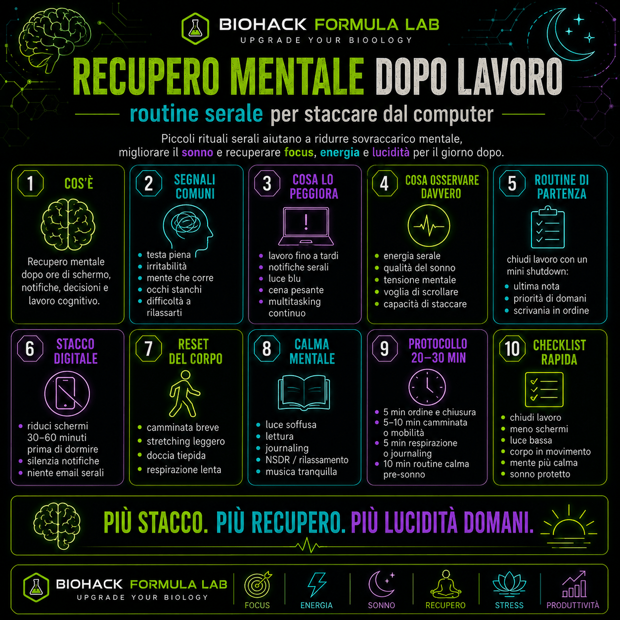 Infografica Biohack Formula Lab sul recupero mentale dopo lavoro, con routine serale per staccare dal computer, ridurre stress e migliorare sonno, energia e lucidità.