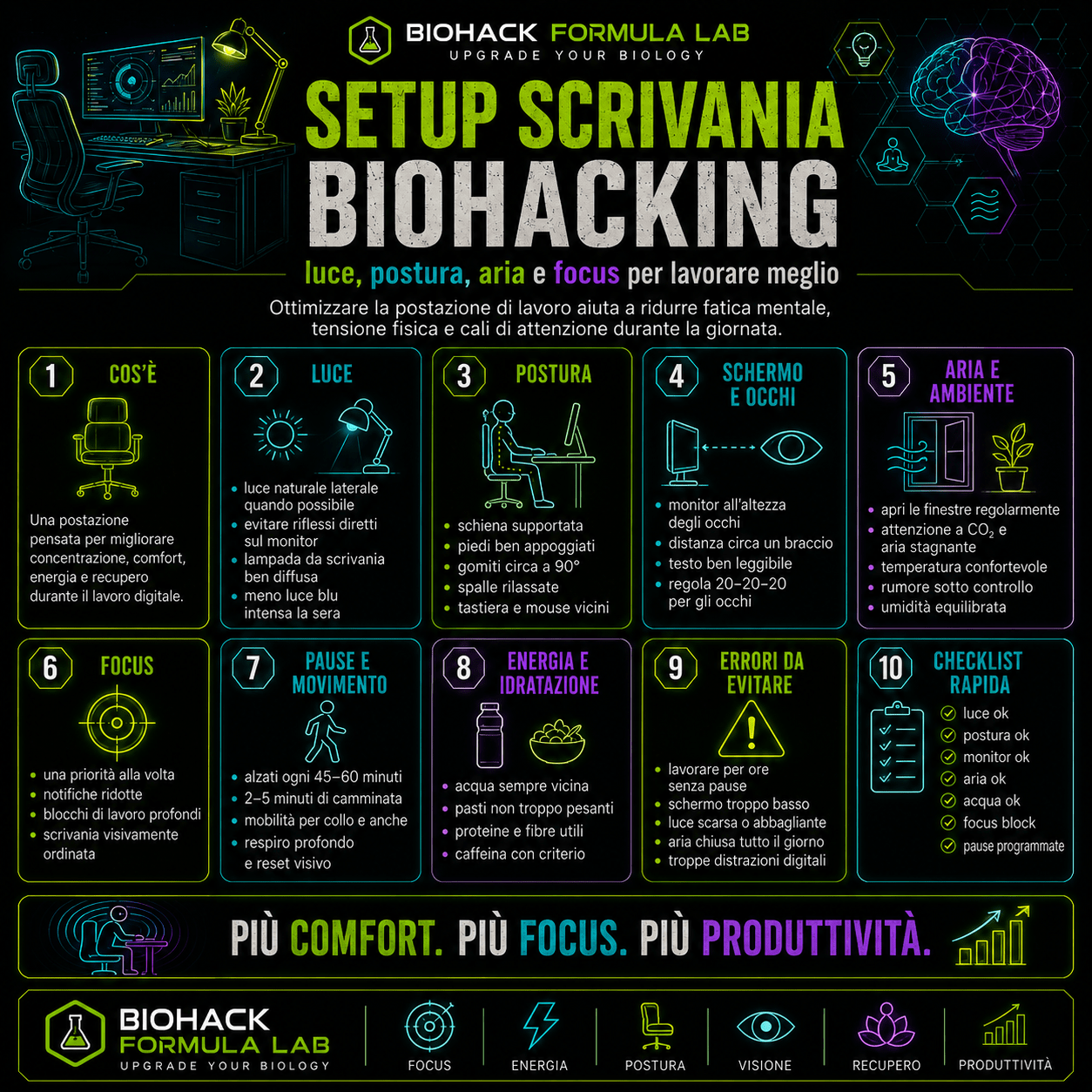 Infografica Biohack Formula Lab sul setup scrivania biohacking, con consigli pratici su luce, postura, aria, pause e focus per lavorare meglio al computer.